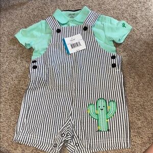 Little Me Mint Green Polo with Striped Cactus Overalls